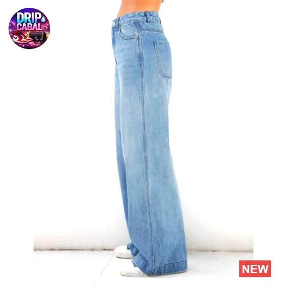 Vintage Y2K Wide Leg Jeans Distressed Mid Waist Denim Pants Baggy Fit